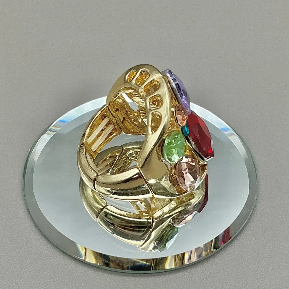 Ring Women Gold Tone Multi Color Crystal Bold Statement Stretch Band Size 8